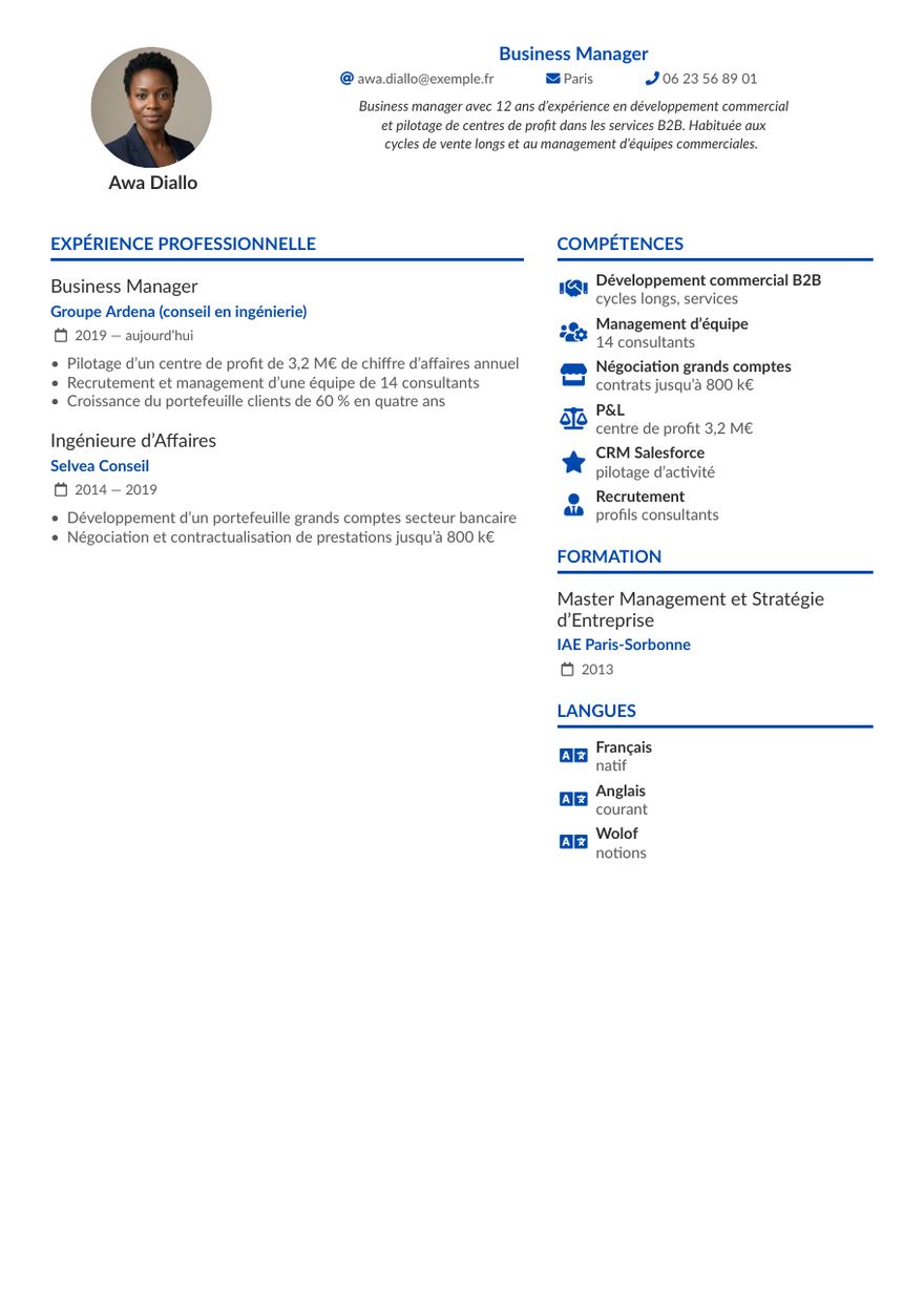 Modèle de CV business manager — exemple fictif avec portrait généré par IA