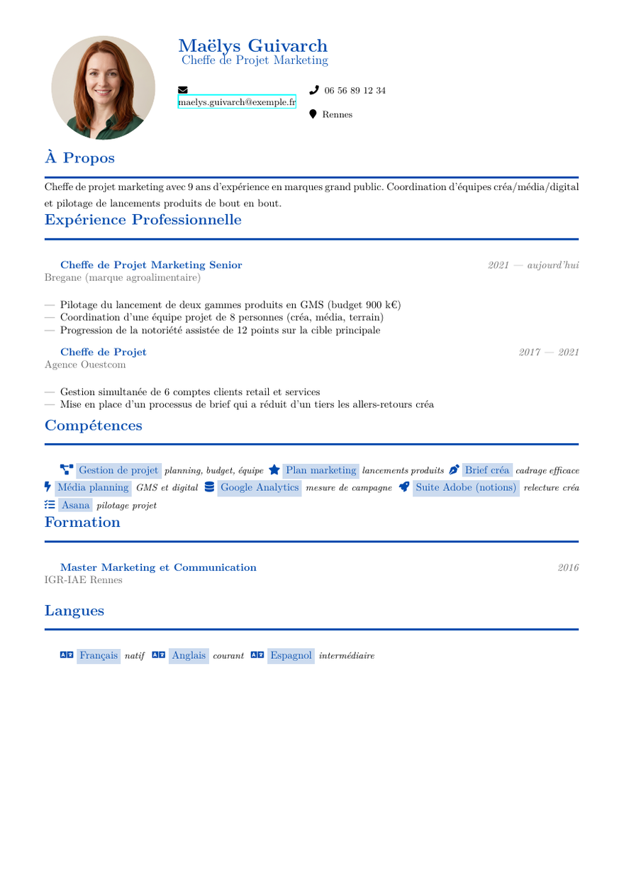 Modèle de CV chef / cheffe de projet — exemple fictif avec portrait généré par IA
