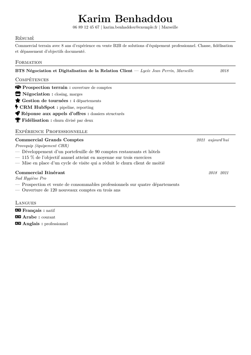 Modèle de CV commercial — exemple fictif avec portrait généré par IA