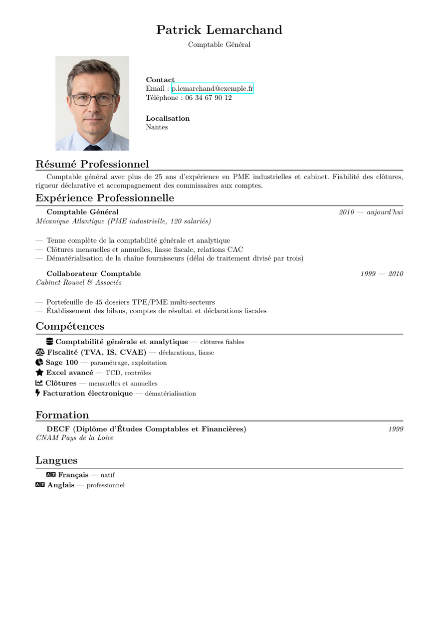 Modèle de CV comptable — exemple fictif avec portrait généré par IA