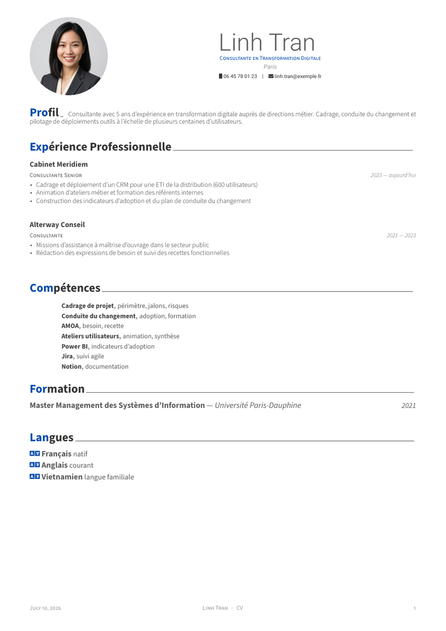 Modèle de CV consultant / consultante — exemple fictif avec portrait généré par IA