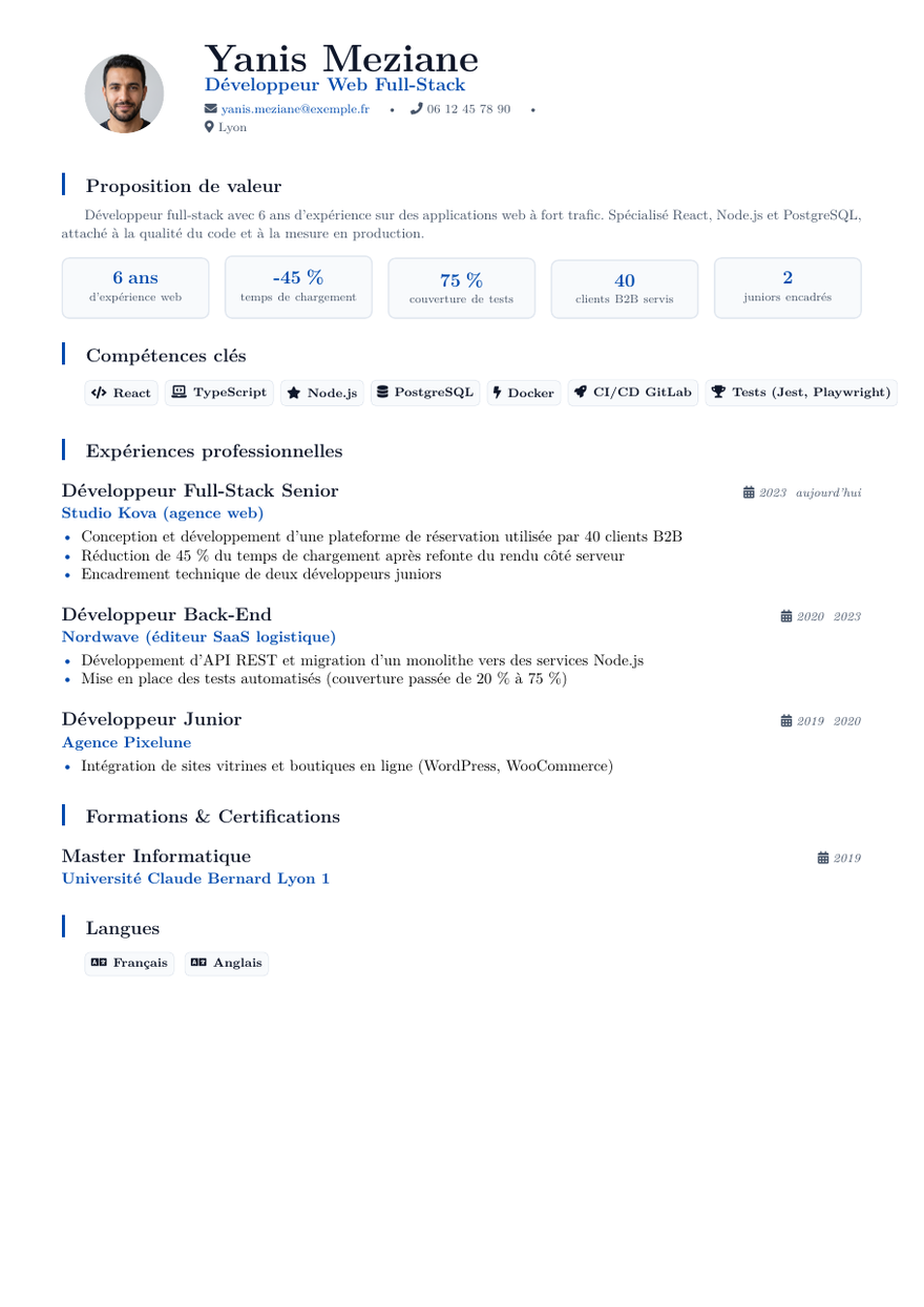 Modèle de CV développeur web — exemple fictif avec portrait généré par IA