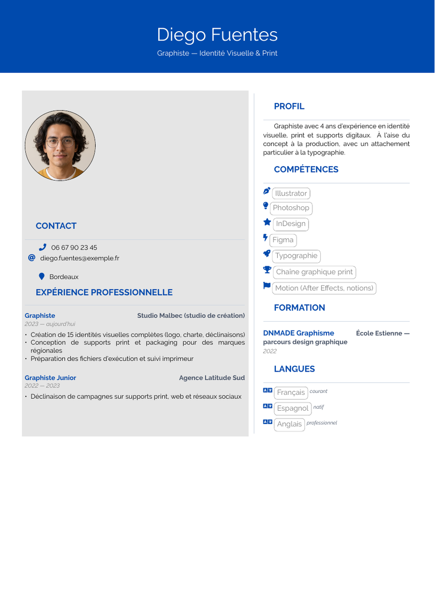 Modèle de CV graphiste — exemple fictif avec portrait généré par IA
