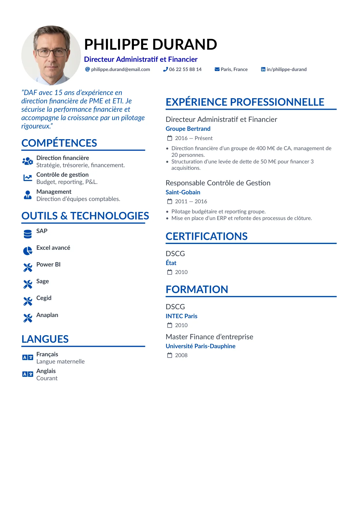 Aperçu du template de CV Premium — deux colonnes avec photo latérale