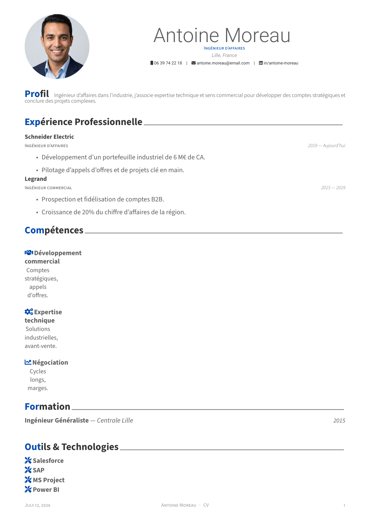 Aperçu du template de CV Awesome CV — en-tête couleur avec photo circulaire