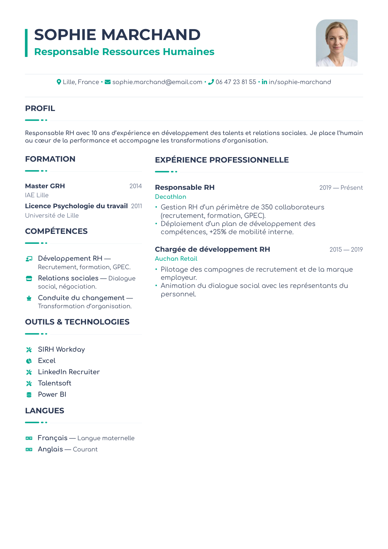 CV Alternance — aperçu du modèle de CV, exemple fictif avec portrait généré par IA
