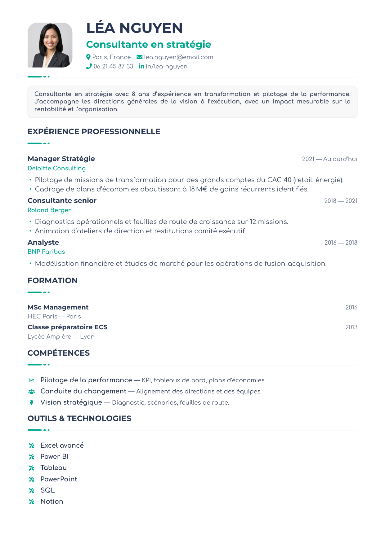 Aperçu du template de CV CELIN@cvgator — mise en page premium mono-colonne aux couleurs de CVGator