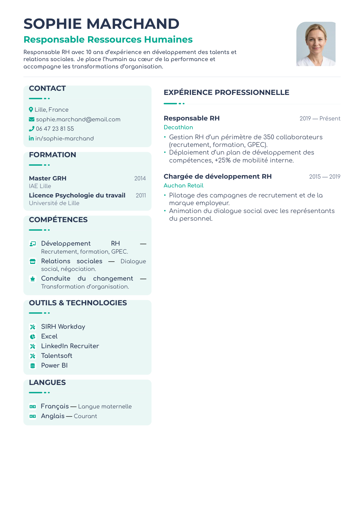 CV Créatif — aperçu du modèle de CV, exemple fictif avec portrait généré par IA
