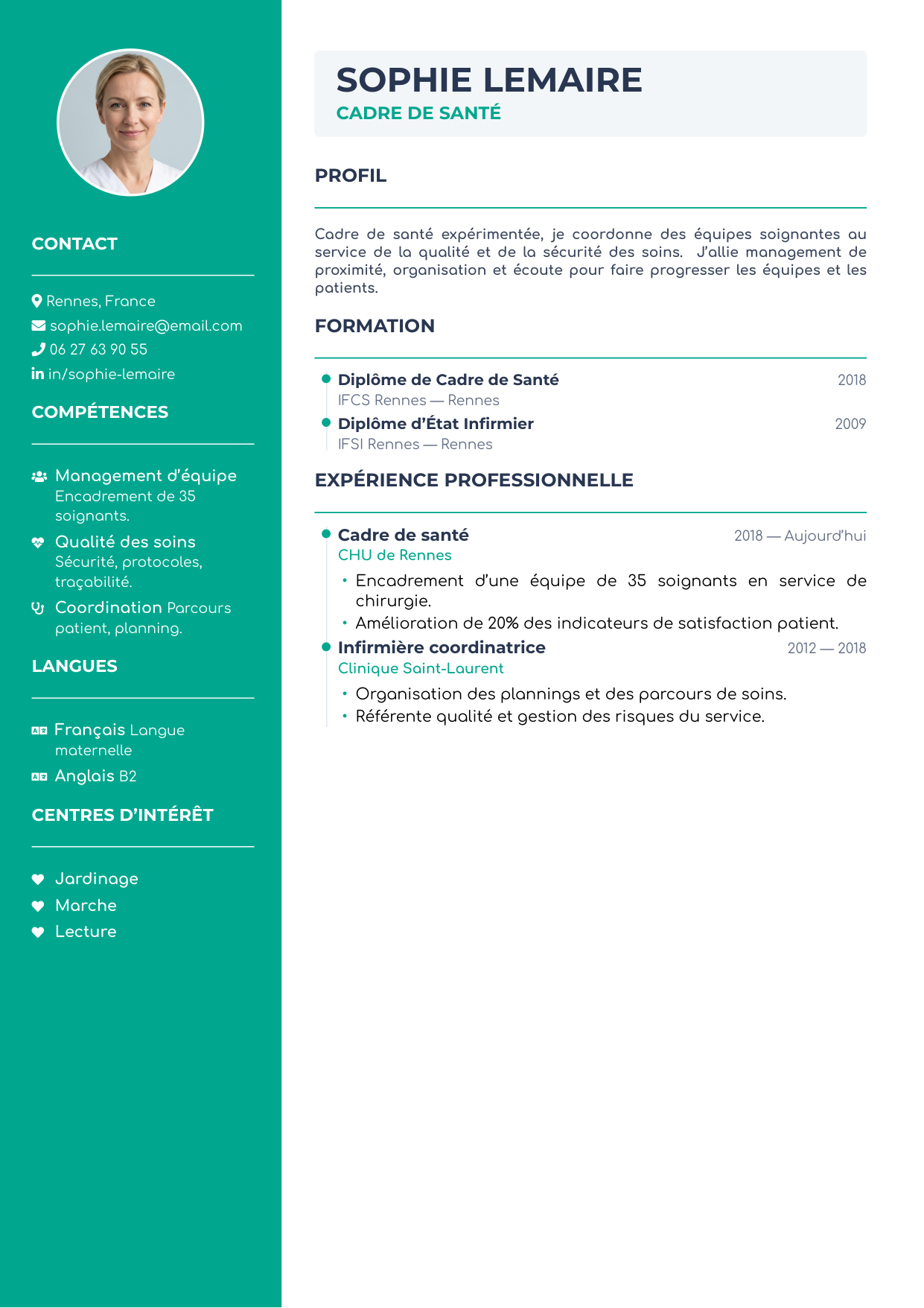 Aperçu du template de CV DODI@cvgator — charte CVGator avec sidebar émeraude