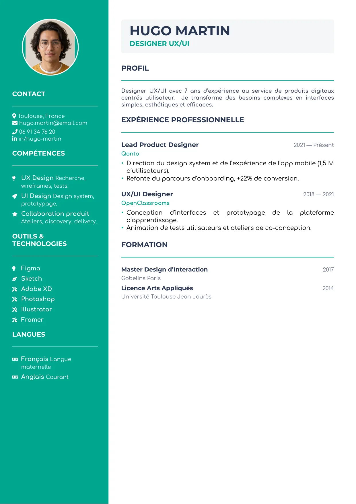 Aperçu du template de CV Marketing — charte CVGator avec sidebar émeraude