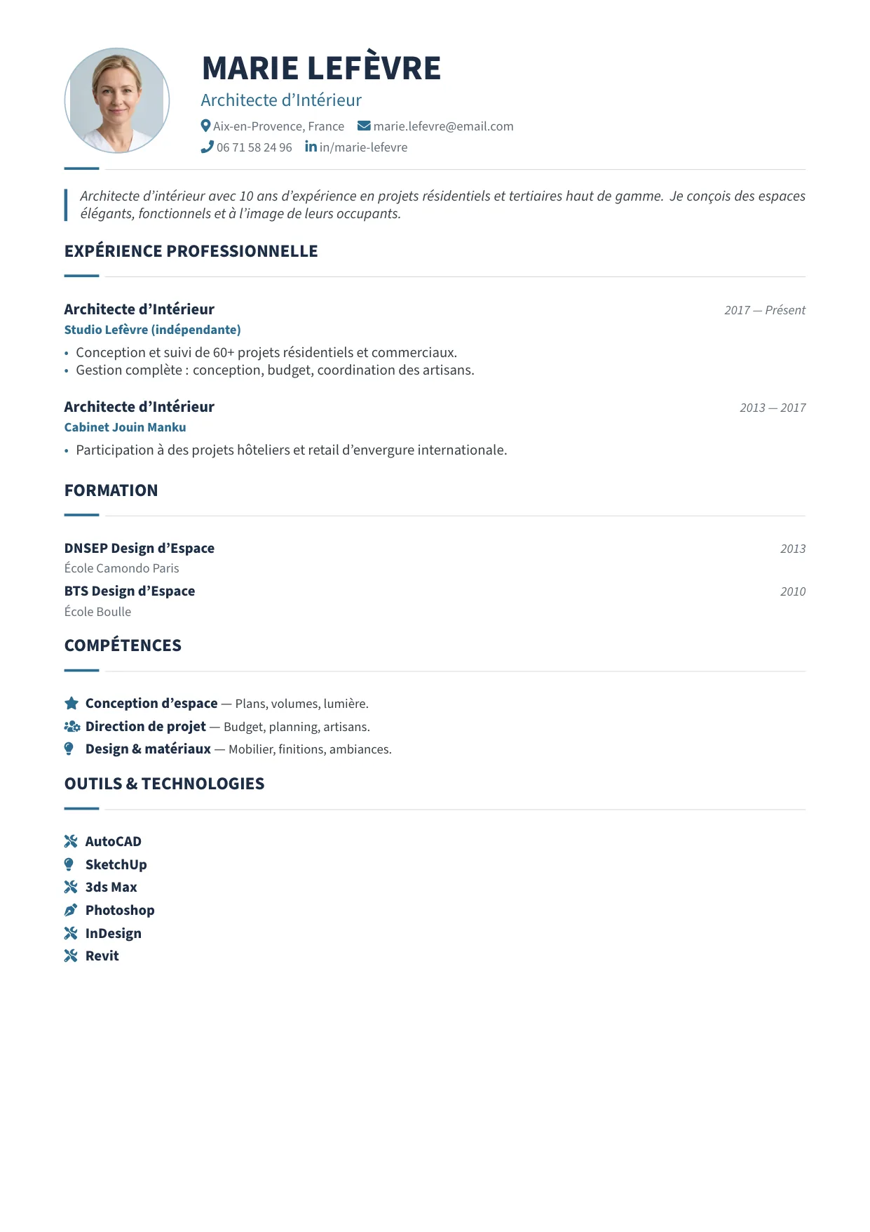 Aperçu du template de CV Élégant — mono-colonne premium avec filets d'accent