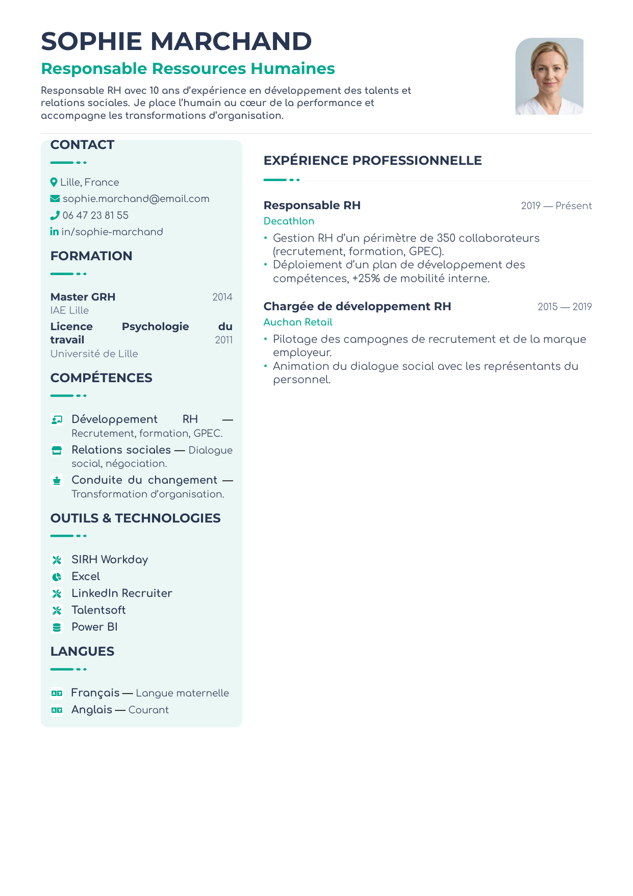 CV Épuré — aperçu du modèle de CV, exemple fictif avec portrait généré par IA