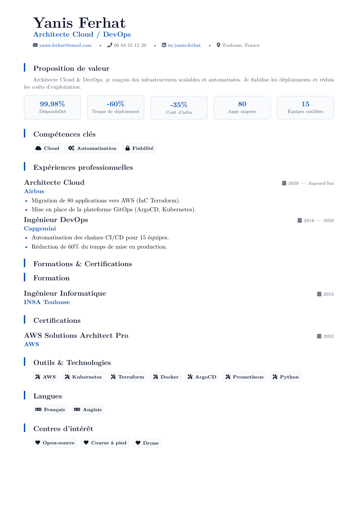 Aperçu du template de CV Modern IT / Cloud — sans photo avec encadrés KPI