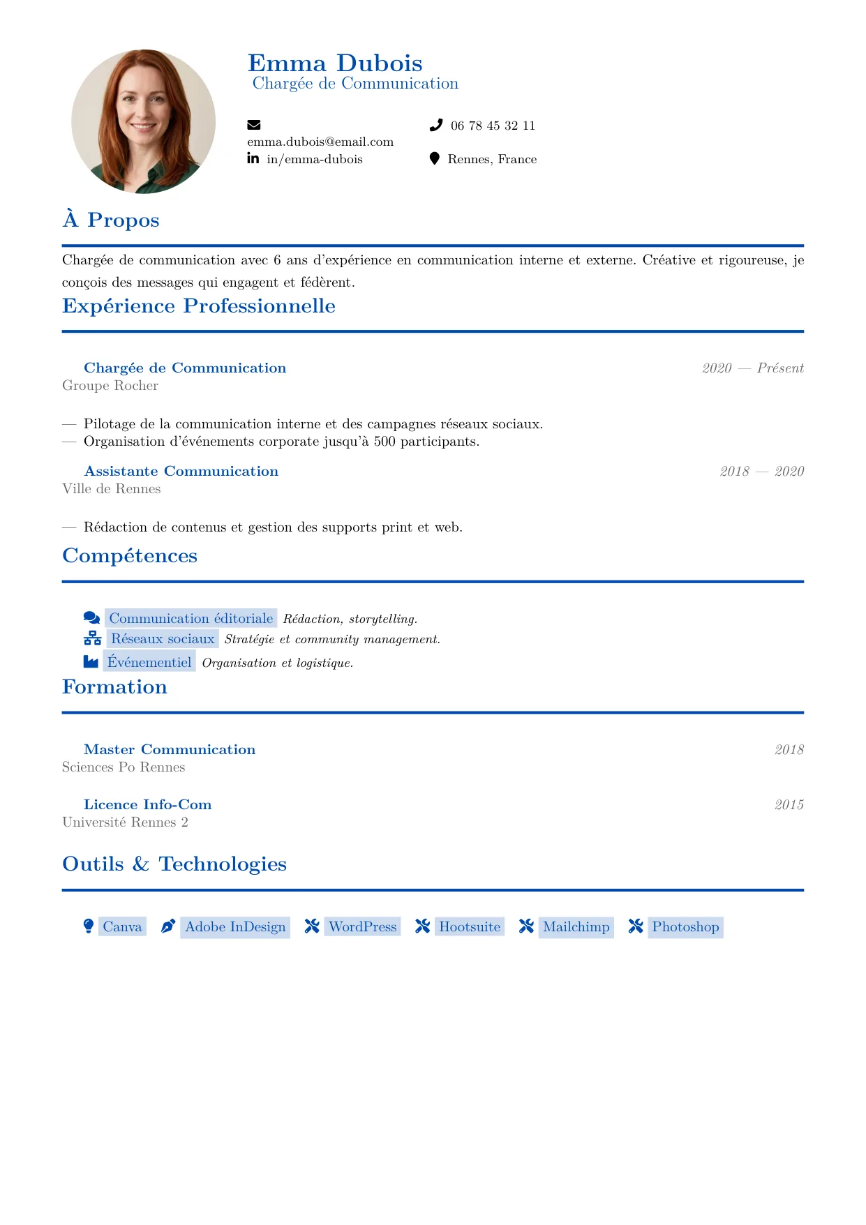 Aperçu du template de CV Minimaliste — épuré avec photo ronde