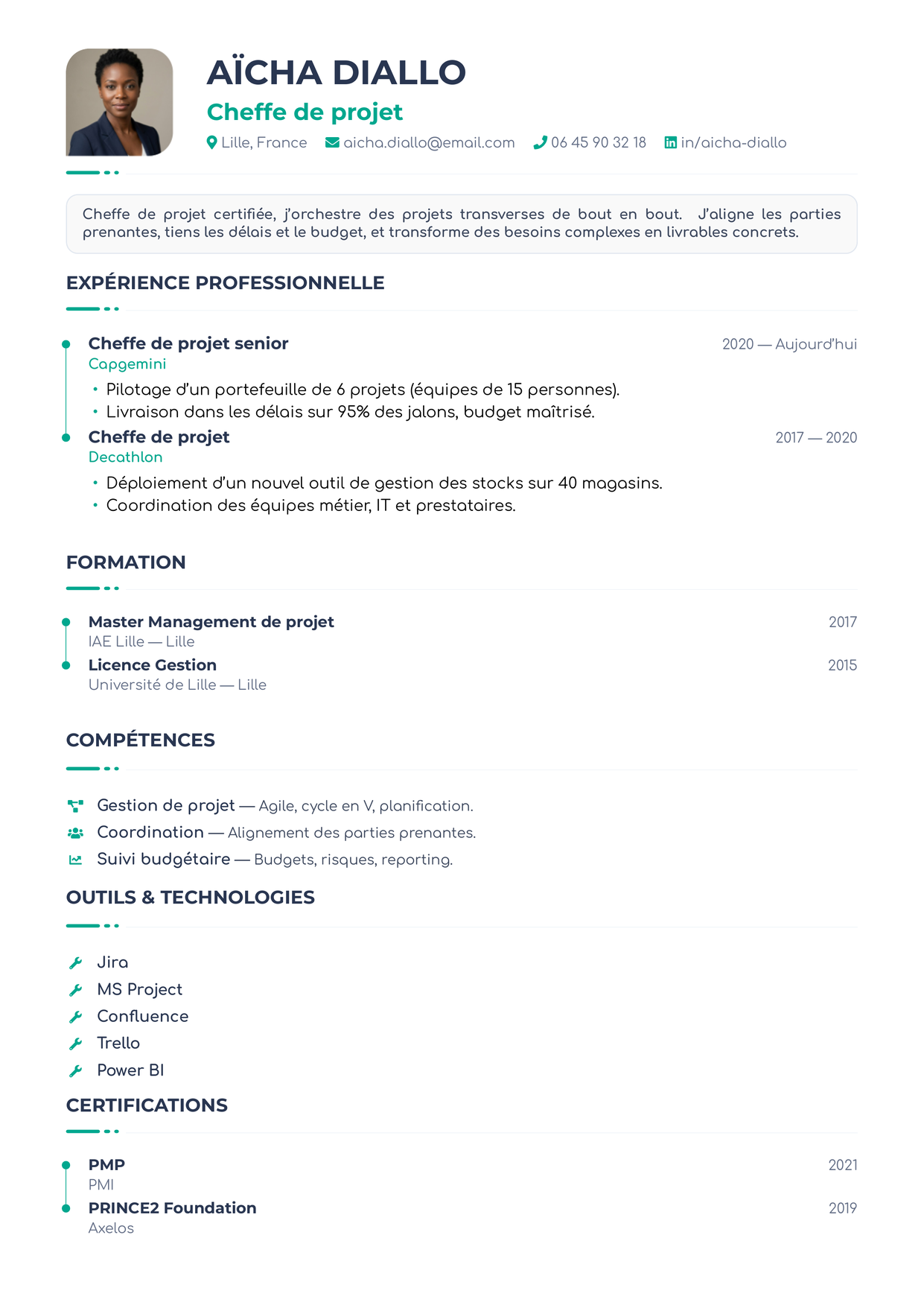 Aperçu du template de CV RiTEL@cvgator — charte CVGator avec rail chronologique