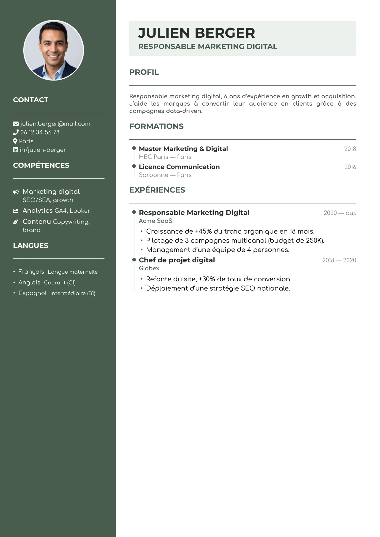 Aperçu du template de CV Sauge — déclinaison sauge de CV Marketing