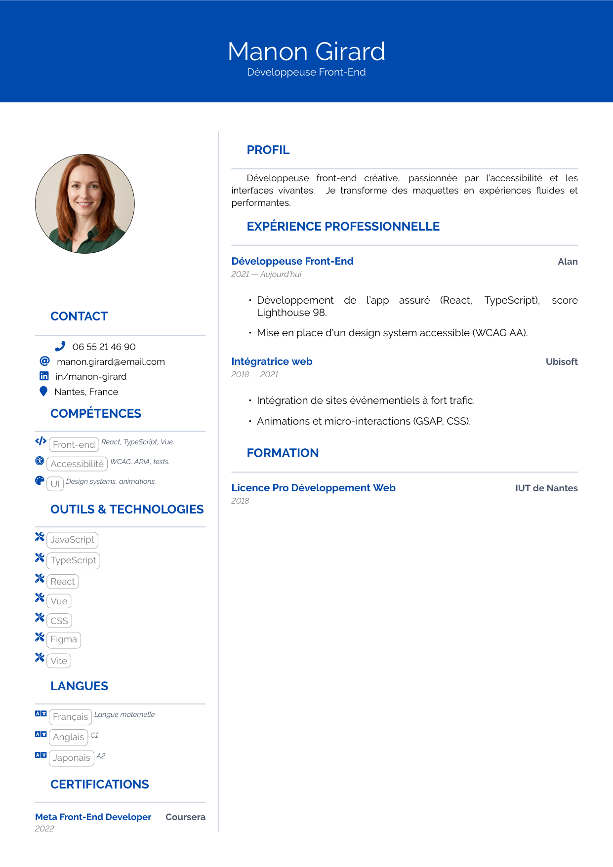 Aperçu du template de CV Hipster 2 Colonnes — sidebar colorée avec barres de compétences