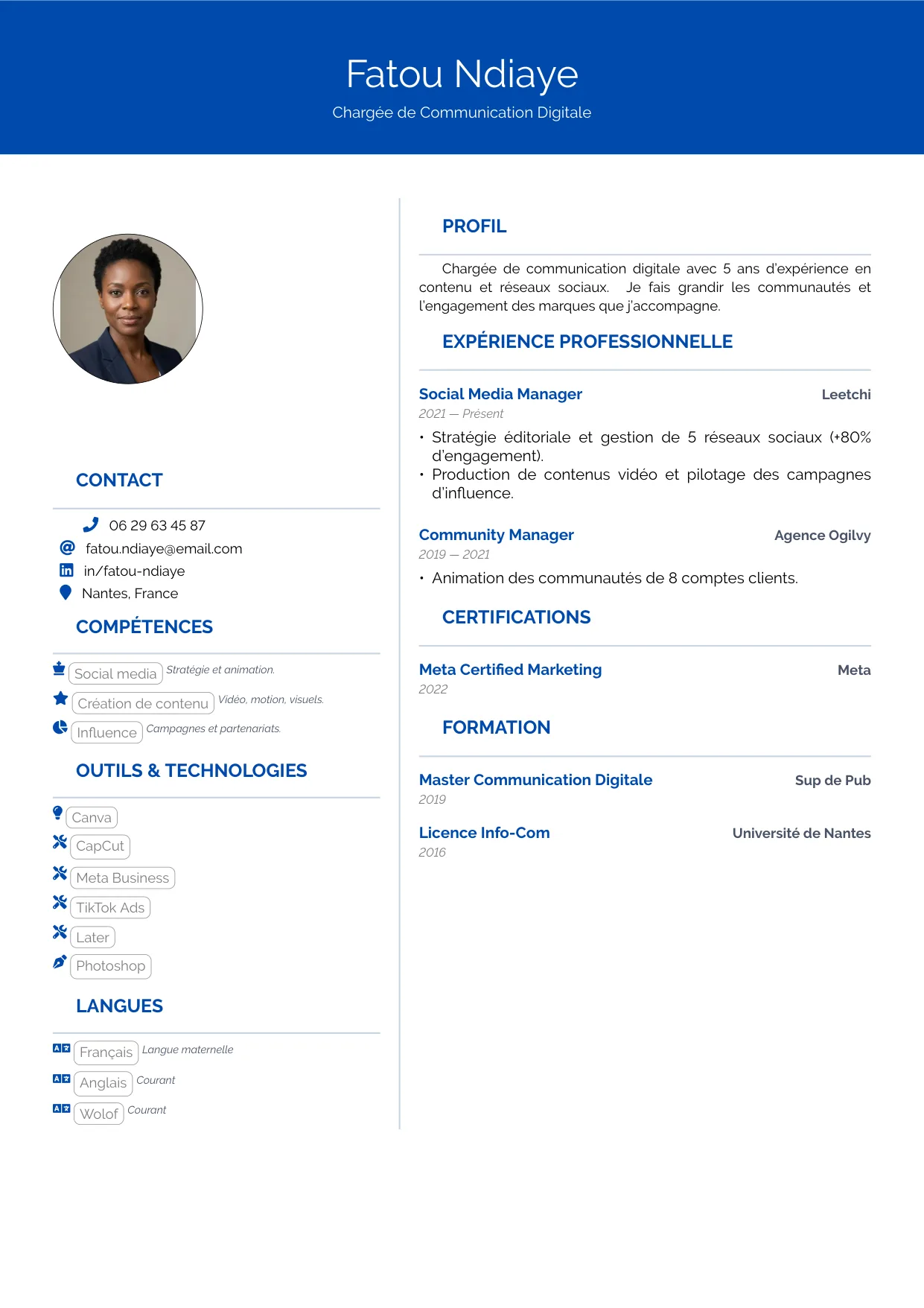 Aperçu du template de CV Design — sidebar colorée avec barres de compétences