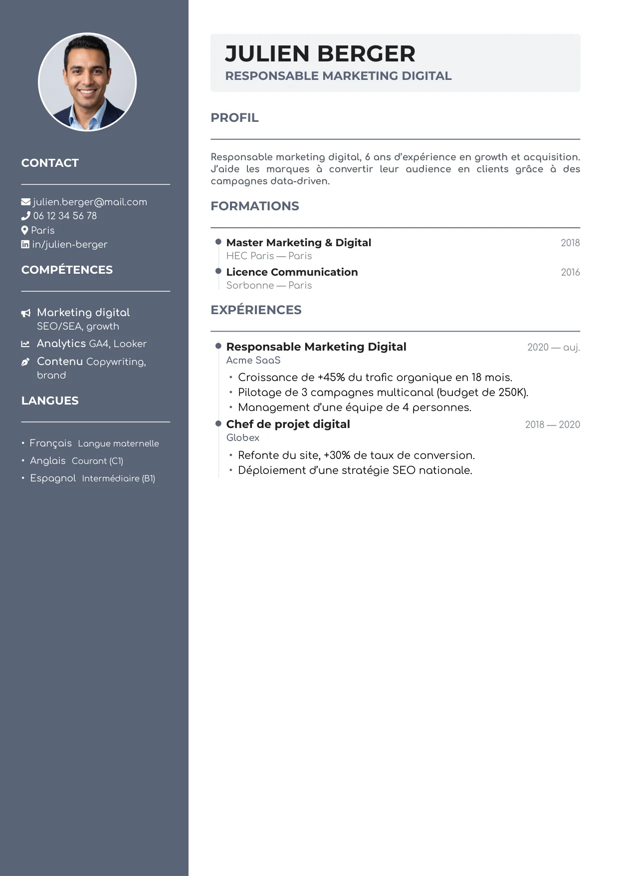 Aperçu du template de CV Slate — déclinaison ardoise de CV Marketing