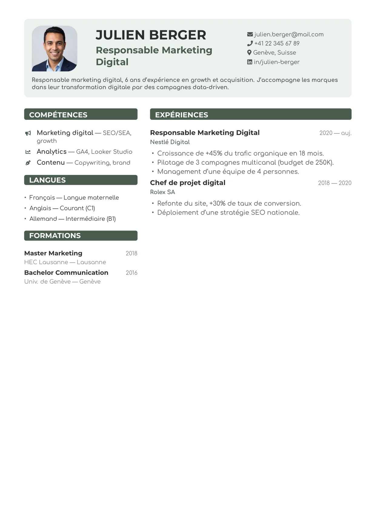 Aperçu du template de CV Suisse Sauge — déclinaison sauge de CV Suisse