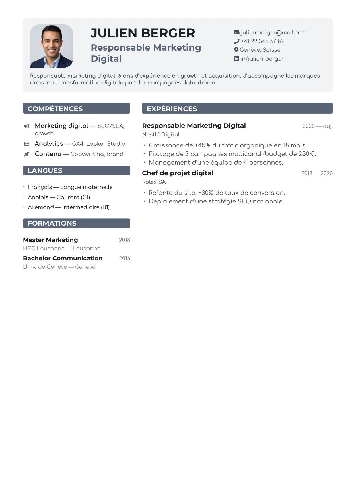 Aperçu du template de CV Suisse Slate — déclinaison ardoise de CV Suisse