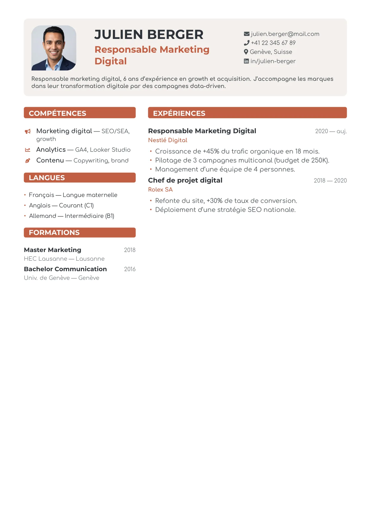 Aperçu du template de CV Suisse Terracotta — déclinaison terracotta de CV Suisse
