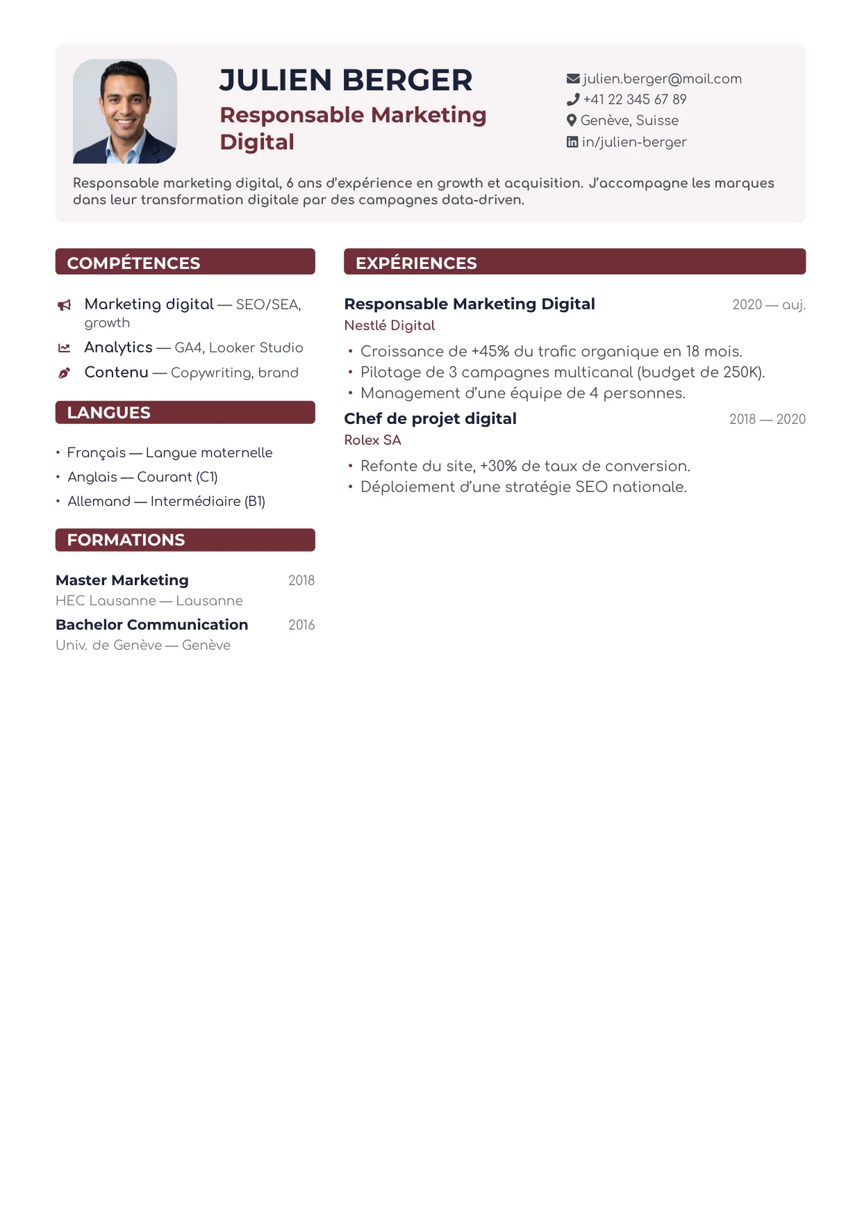 Aperçu du template de CV Suisse Prune — déclinaison lie-de-vin de CV Suisse