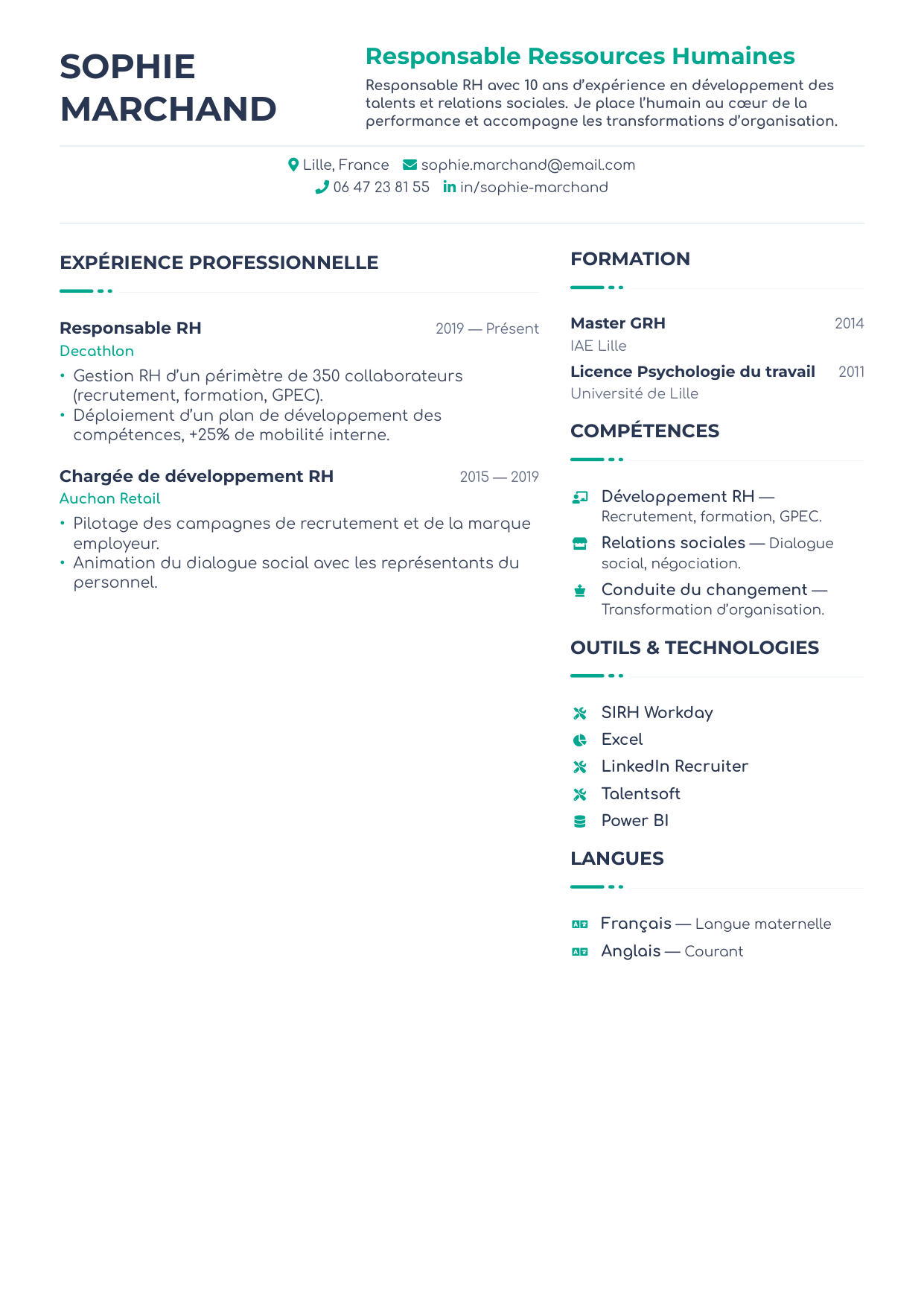 CV Canada — aperçu du modèle de CV, exemple fictif avec portrait généré par IA
