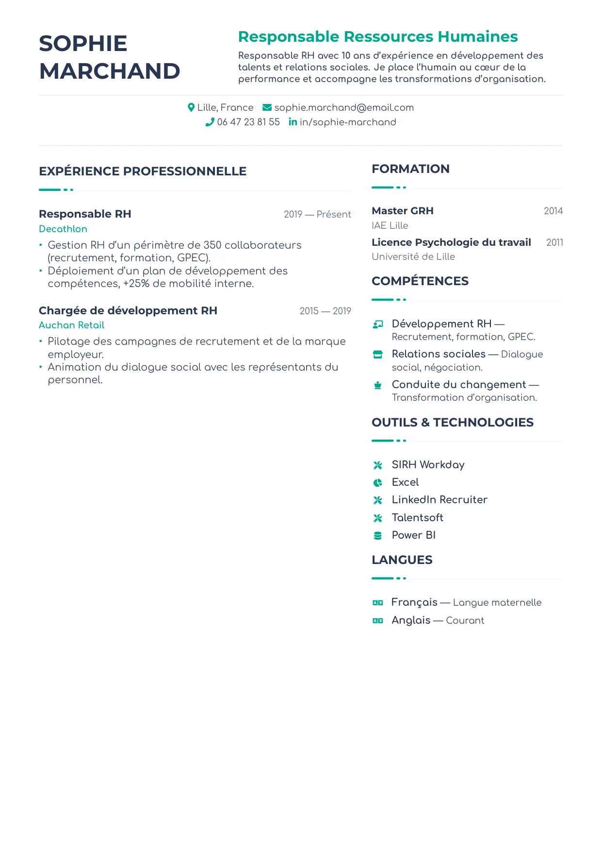 Aperçu du template de CV Canada — format nord-américain sans photo, bicolonne inversée