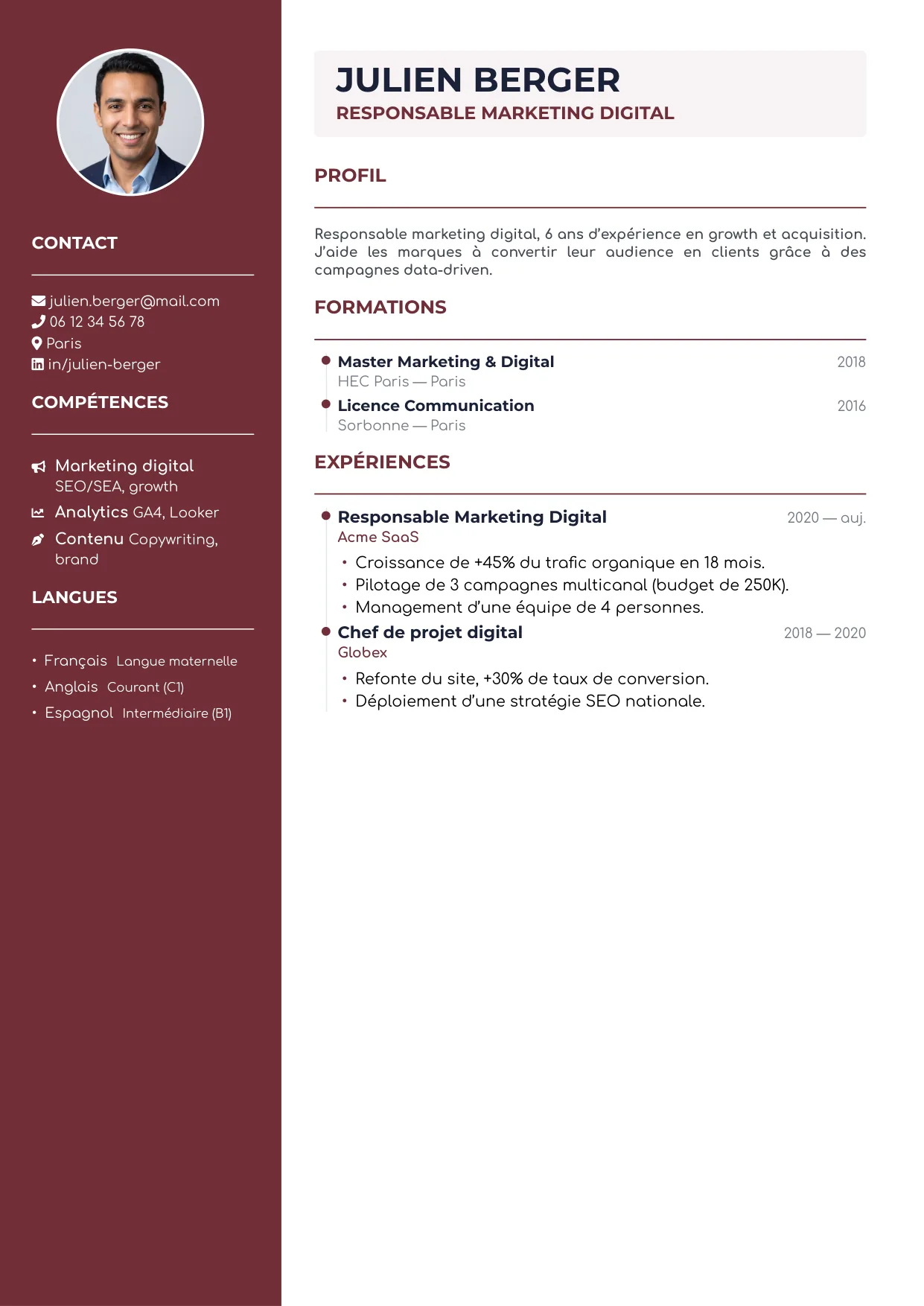 Aperçu du template de CV Prune — déclinaison lie-de-vin de CV Marketing