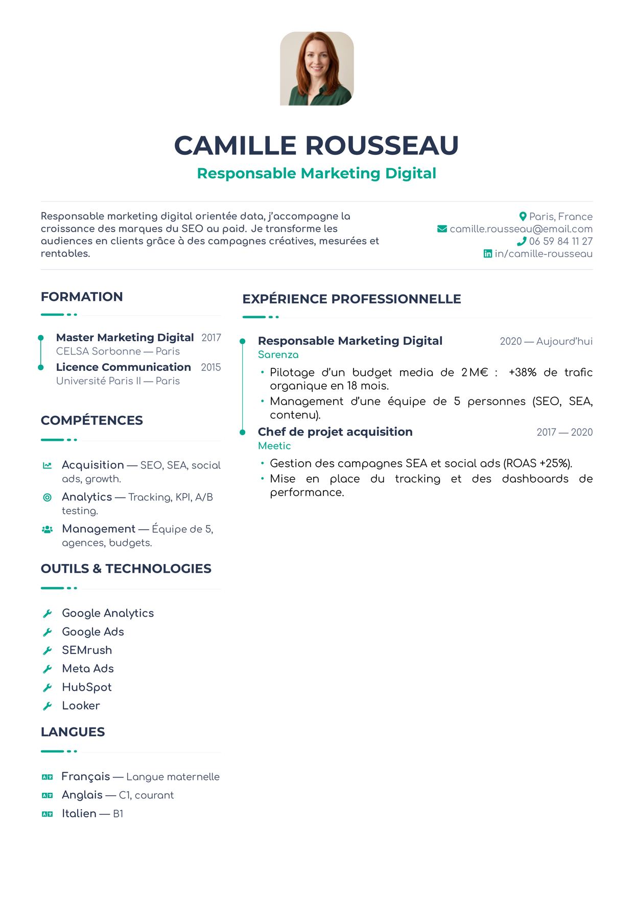 Aperçu du template de CV YouS@cvgator — charte CVGator bicolonne asymétrique à double timeline