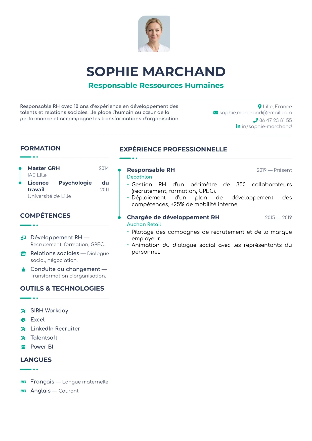 Aperçu du template de CV Ingénieur — charte CVGator bicolonne asymétrique à double timeline